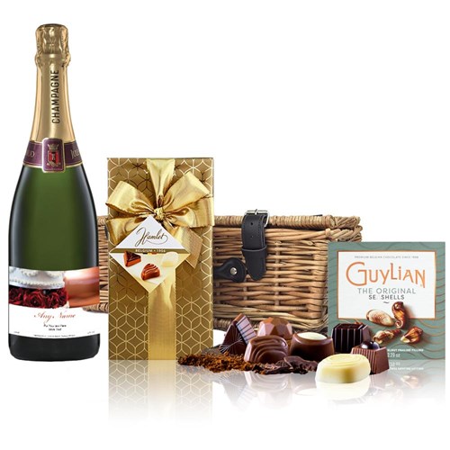 Personalised Champagne - Wedding Cake Label And Chocolates Hamper